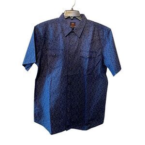 Moon shine blue black paisley print covered snaps pockets sleeve 5 inches